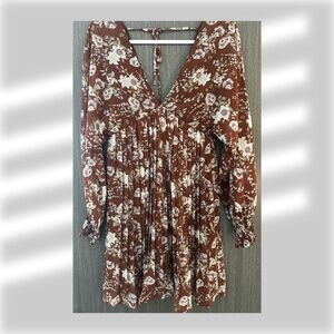 She + Sky Sleeve Dress • Like New, Worn Once • Brown Floral • Size M